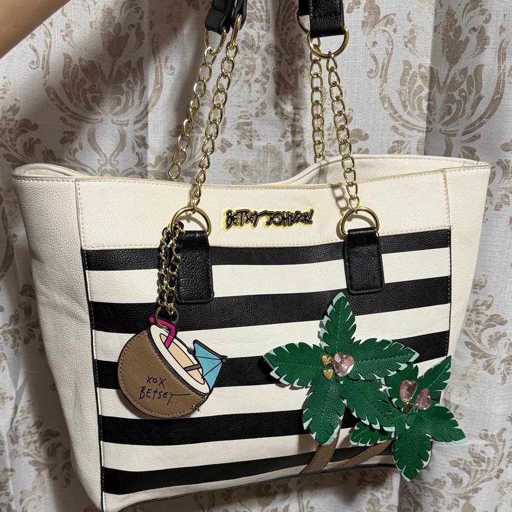 Betsey Johnson Black & Cream Striped Tote with Green Palm Applique